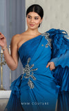 MNM Couture F02801: Asymmetrical neck, ruffled shoulder, crepe & organza, draped bust, Roman skirt for event & wedding | Couture Shop LA