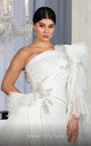 MNM Couture F02801: Asymmetrical neck, ruffled shoulder, crepe & organza, draped bust, Roman skirt for event & wedding | Couture Shop LA