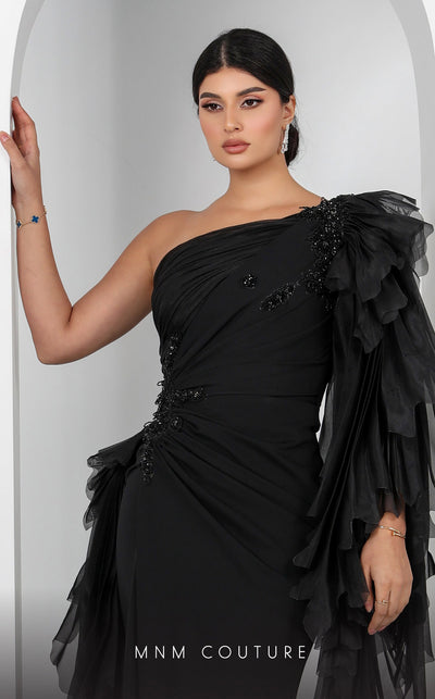 MNM Couture F02801: Asymmetrical neck, ruffled shoulder, crepe & organza, draped bust, Roman skirt for event & wedding | Couture Shop LA