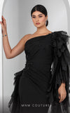 MNM Couture F02801: Asymmetrical neck, ruffled shoulder, crepe & organza, draped bust, Roman skirt for event & wedding | Couture Shop LA