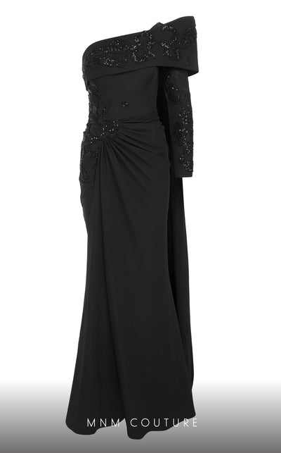 Elegant MNM Couture F02803 evening gown featuring a strapless, off-shoulder design with a single long sleeve, adorned with intricate beading and tassels | Couture Shop LA