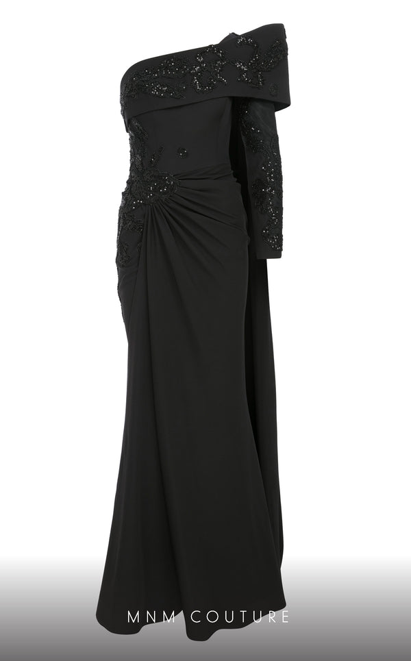 Elegant MNM Couture F02803 evening gown featuring a strapless, off-shoulder design with a single long sleeve, adorned with intricate beading and tassels | Couture Shop LA