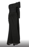 Elegant MNM Couture F02803 evening gown featuring a strapless, off-shoulder design with a single long sleeve, adorned with intricate beading and tassels | Couture Shop LA