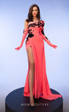 Elegant MNM Couture F02803 evening gown featuring a strapless, off-shoulder design with a single long sleeve, adorned with intricate beading and tassels | Couture Shop LA
