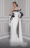 Elegant MNM Couture F02803 evening gown featuring a strapless, off-shoulder design with a single long sleeve, adorned with intricate beading and tassels | Couture Shop LA