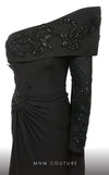 Elegant MNM Couture F02803 evening gown featuring a strapless, off-shoulder design with a single long sleeve, adorned with intricate beading and tassels | Couture Shop LA