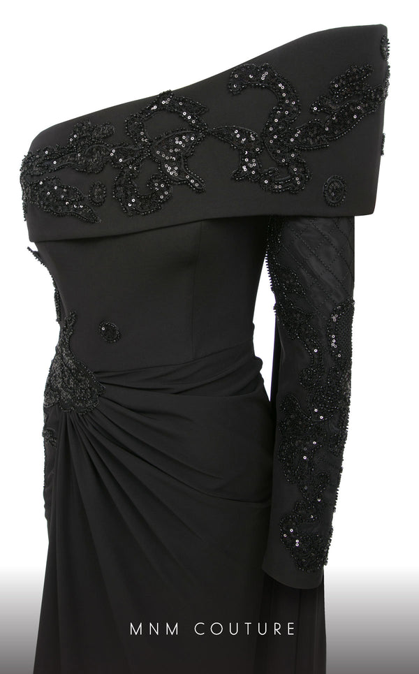 Elegant MNM Couture F02803 evening gown featuring a strapless, off-shoulder design with a single long sleeve, adorned with intricate beading and tassels | Couture Shop LA