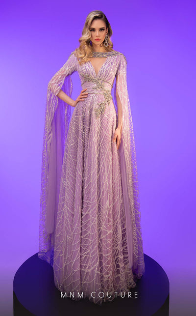 MNM Couture F02806 gown featuring a chic keyhole neck cut, flared lower cut, and dual tail sleeves, adorned with exclusive embroidery, designed for glamorous occasions like red carpet events or as a mother of the bride dress. | Couture Shop LA