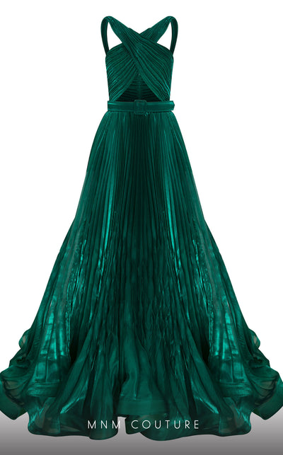 MNM Couture F02808 gown featuring a crisscross bust cut, draped bust, flared lower body, and two puffed sleeves, designed to create a dramatic silhouette with a tasteful belt accentuating the waist, perfect for high-society events. | Couture Shop LA