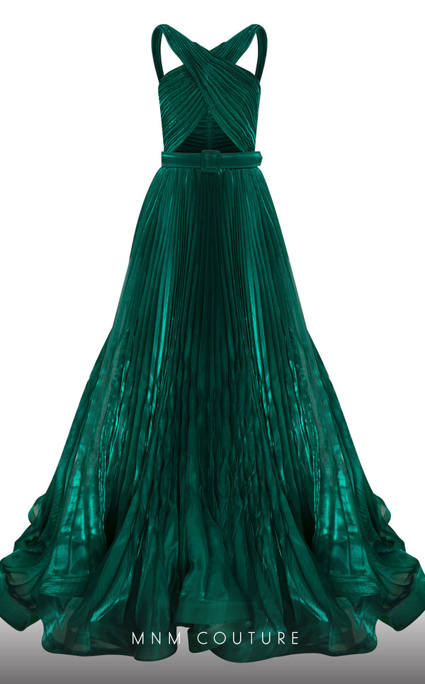 MNM Couture F02808 gown featuring a crisscross bust cut, draped bust, flared lower body, and two puffed sleeves, designed to create a dramatic silhouette with a tasteful belt accentuating the waist, perfect for high-society events. | Couture Shop LA