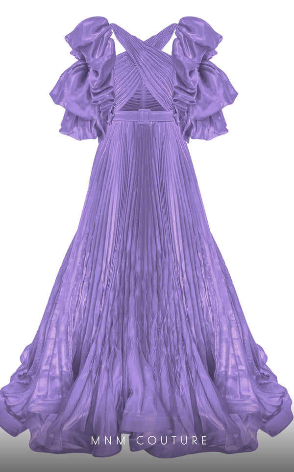 MNM Couture F02808 gown featuring a crisscross bust cut, draped bust, flared lower body, and two puffed sleeves, designed to create a dramatic silhouette with a tasteful belt accentuating the waist, perfect for high-society events. | Couture Shop LA