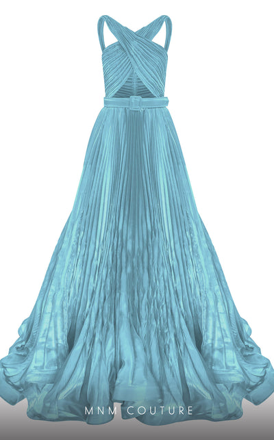 MNM Couture F02808 gown featuring a crisscross bust cut, draped bust, flared lower body, and two puffed sleeves, designed to create a dramatic silhouette with a tasteful belt accentuating the waist, perfect for high-society events. | Couture Shop LA