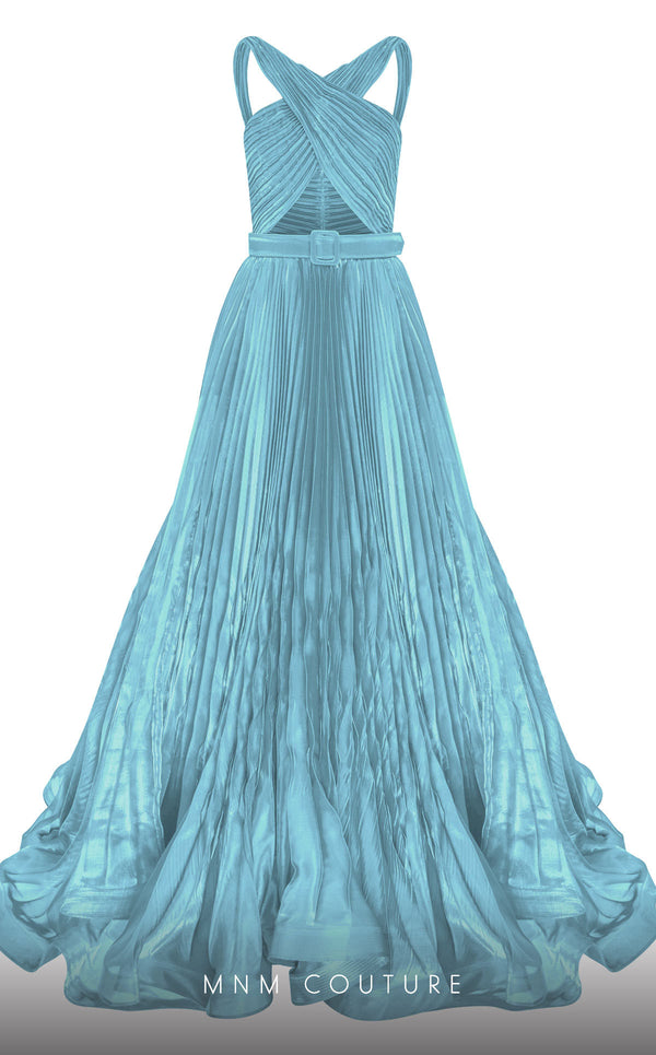 MNM Couture F02808 gown featuring a crisscross bust cut, draped bust, flared lower body, and two puffed sleeves, designed to create a dramatic silhouette with a tasteful belt accentuating the waist, perfect for high-society events. | Couture Shop LA