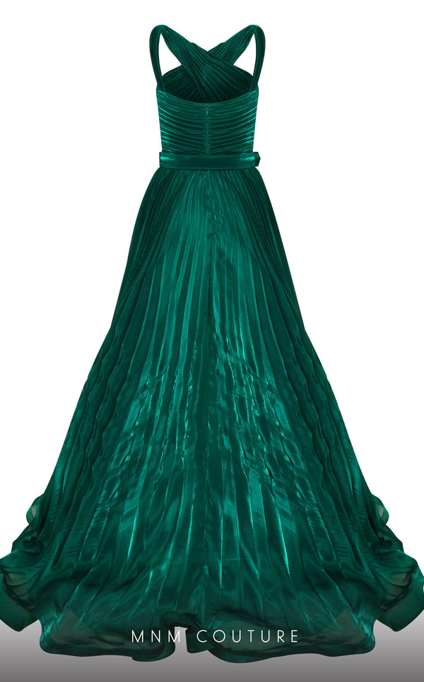 MNM Couture F02808 gown featuring a crisscross bust cut, draped bust, flared lower body, and two puffed sleeves, designed to create a dramatic silhouette with a tasteful belt accentuating the waist, perfect for high-society events. | Couture Shop LA