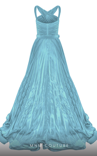 MNM Couture F02808 gown featuring a crisscross bust cut, draped bust, flared lower body, and two puffed sleeves, designed to create a dramatic silhouette with a tasteful belt accentuating the waist, perfect for high-society events. | Couture Shop LA