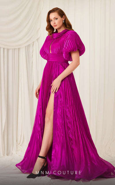 MNM Couture F02809 gown crafted from shimmering lame organza, featuring a round neck cut, daring middle-aligned bust slit, two puffed short sleeves, and a flared skirt with an alluring slit, perfect for red carpet events or as an elegant mother of the bride dress | Couture Shop LA