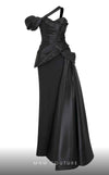 MNM Couture F02810 gown crafted from luxurious satin and crepe, featuring an asymmetrical design with an off-shouldered sleeve, draped bust with embroidery and tassels, and a stylish side tail, perfect for evening events or red carpet appearances | Couture Shop LA