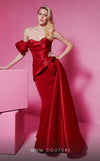 MNM Couture F02810 gown crafted from luxurious satin and crepe, featuring an asymmetrical design with an off-shouldered sleeve, draped bust with embroidery and tassels, and a stylish side tail, perfect for evening events or red carpet appearances | Couture Shop LA