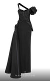 MNM Couture F02810 gown crafted from luxurious satin and crepe, featuring an asymmetrical design with an off-shouldered sleeve, draped bust with embroidery and tassels, and a stylish side tail, perfect for evening events or red carpet appearances | Couture Shop LA