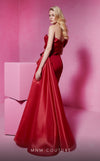 MNM Couture F02810 gown crafted from luxurious satin and crepe, featuring an asymmetrical design with an off-shouldered sleeve, draped bust with embroidery and tassels, and a stylish side tail, perfect for evening events or red carpet appearances | Couture Shop LA