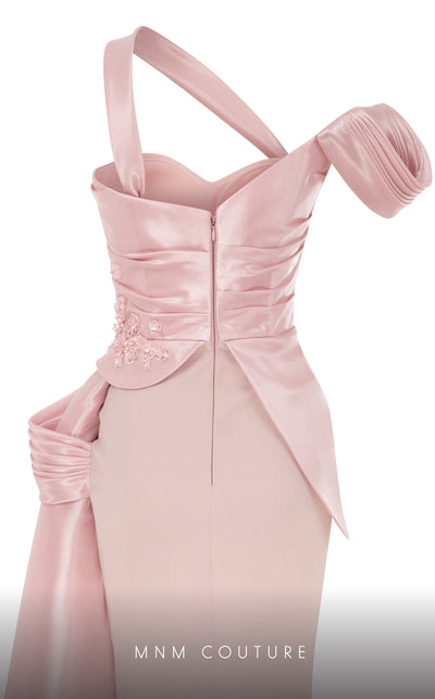 MNM Couture F02810 gown crafted from luxurious satin and crepe, featuring an asymmetrical design with an off-shouldered sleeve, draped bust with embroidery and tassels, and a stylish side tail, perfect for evening events or red carpet appearances | Couture Shop LA