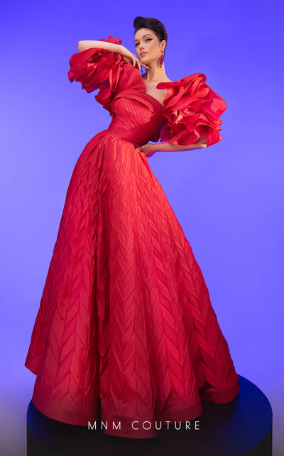 Strapless MNM Couture gown F02815 with digital chantagne fabric and floral embellished bust, featuring a perfectly sculpted corset and elegant flared cut. | Couture Shop LA