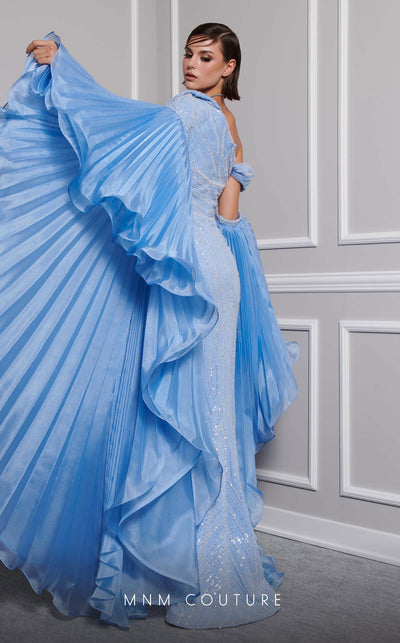 MNM Couture F02816A asymmetrical Payet gown with Roman classic skirt and embroidery. | Couture Shop LA