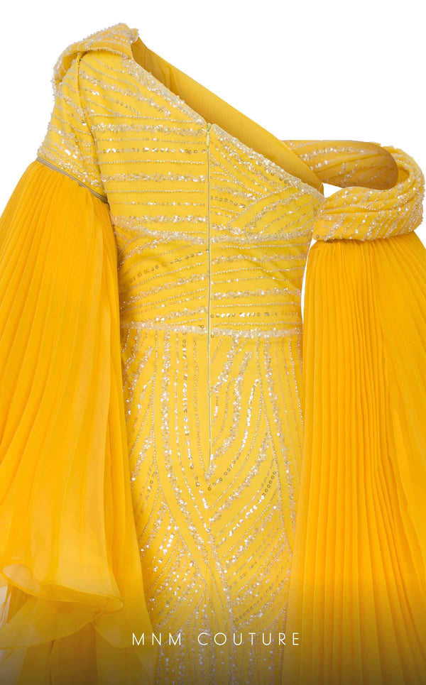 MNM Couture F02816A asymmetrical Payet gown with Roman classic skirt and embroidery. | Couture Shop LA