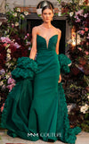 MNM Couture F02821: Crepe & organza gown, strapless V-neck, Roman skirt, full-flower embroidered cape. | Couture Shop LA
