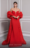 MNM Couture F02821: Crepe & organza gown, strapless V-neck, Roman skirt, full-flower embroidered cape. | Couture Shop LA