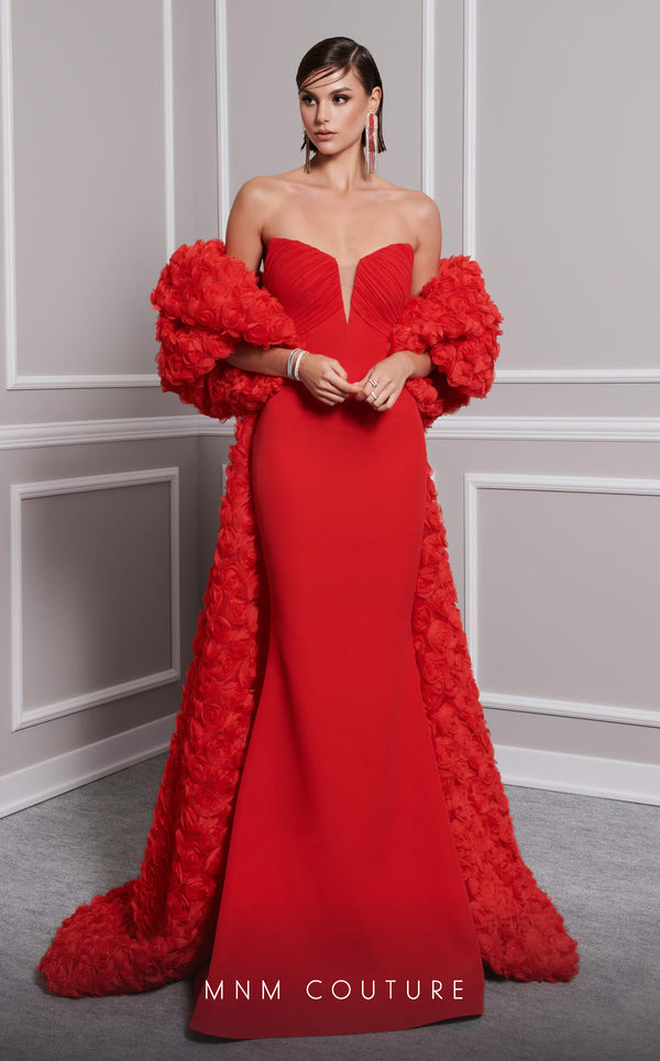 MNM Couture F02821: Crepe & organza gown, strapless V-neck, Roman skirt, full-flower embroidered cape. | Couture Shop LA