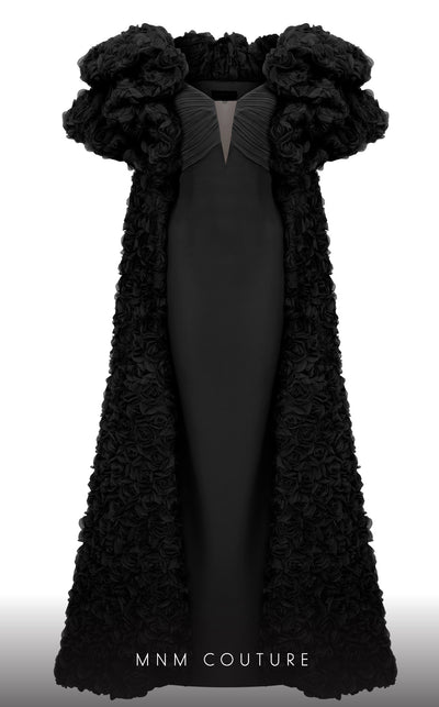 MNM Couture F02821: Crepe & organza gown, strapless V-neck, Roman skirt, full-flower embroidered cape. | Couture Shop LA