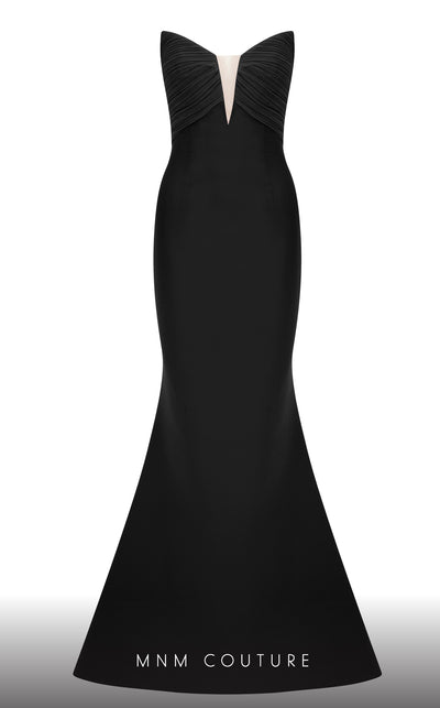 MNM Couture F02821: Crepe & organza gown, strapless V-neck, Roman skirt, full-flower embroidered cape. | Couture Shop LA