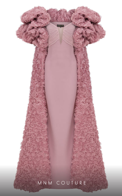 MNM Couture F02821: Crepe & organza gown, strapless V-neck, Roman skirt, full-flower embroidered cape. | Couture Shop LA