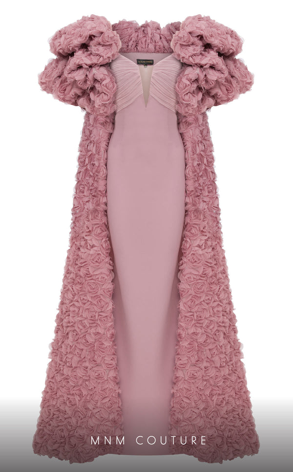 MNM Couture F02821: Crepe & organza gown, strapless V-neck, Roman skirt, full-flower embroidered cape. | Couture Shop LA