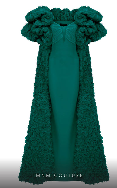 MNM Couture F02821: Crepe & organza gown, strapless V-neck, Roman skirt, full-flower embroidered cape. | Couture Shop LA