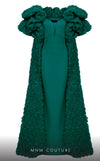 MNM Couture F02821: Crepe & organza gown, strapless V-neck, Roman skirt, full-flower embroidered cape. | Couture Shop LA