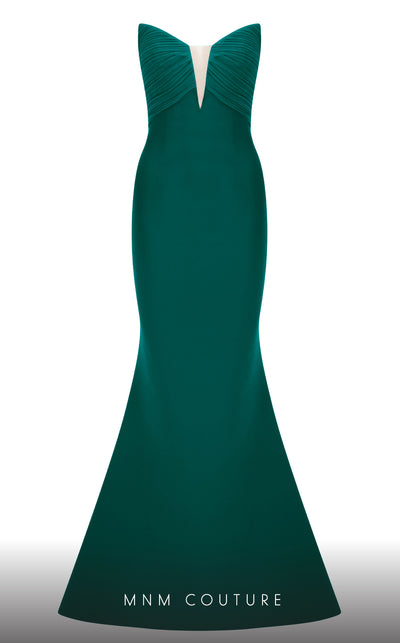 MNM Couture F02821: Crepe & organza gown, strapless V-neck, Roman skirt, full-flower embroidered cape. | Couture Shop LA