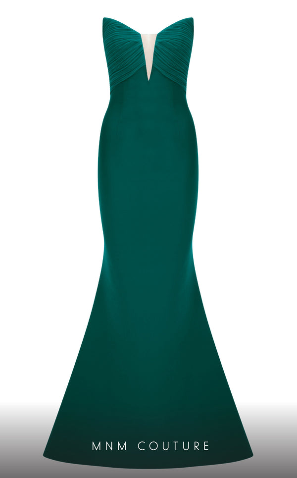 MNM Couture F02821: Crepe & organza gown, strapless V-neck, Roman skirt, full-flower embroidered cape. | Couture Shop LA