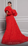 MNM Couture F02821: Crepe & organza gown, strapless V-neck, Roman skirt, full-flower embroidered cape. | Couture Shop LA