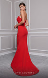 MNM Couture F02821: Crepe & organza gown, strapless V-neck, Roman skirt, full-flower embroidered cape. | Couture Shop LA