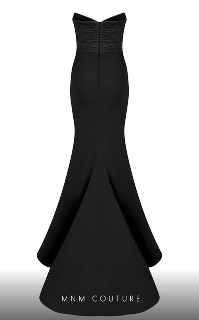 MNM Couture F02821: Crepe & organza gown, strapless V-neck, Roman skirt, full-flower embroidered cape. | Couture Shop LA