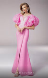 MNM Couture F02824: Off-shoulder crepe & organza gown, V-neck, flower embellishments, embroidered waist. | Couture Shop LA