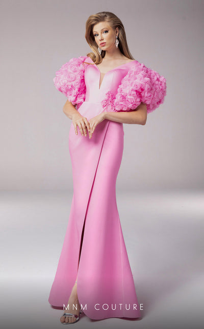 MNM Couture F02824: Off-shoulder crepe & organza gown, V-neck, flower embellishments, embroidered waist. | Couture Shop LA