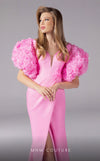 MNM Couture F02824: Off-shoulder crepe & organza gown, V-neck, flower embellishments, embroidered waist. | Couture Shop LA