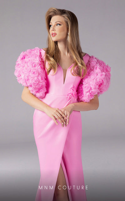 MNM Couture F02824: Off-shoulder crepe & organza gown, V-neck, flower embellishments, embroidered waist. | Couture Shop LA