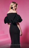 MNM Couture F02824: Off-shoulder crepe & organza gown, V-neck, flower embellishments, embroidered waist. | Couture Shop LA