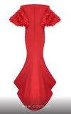 MNM Couture F02824: Off-shoulder crepe & organza gown, V-neck, flower embellishments, embroidered waist. | Couture Shop LA
