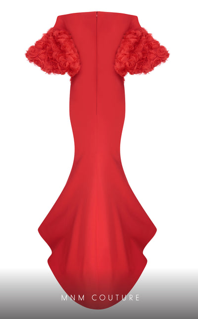 MNM Couture F02824: Off-shoulder crepe & organza gown, V-neck, flower embellishments, embroidered waist. | Couture Shop LA