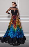 MNM Couture F02825 gown featuring a high neck illusion cut, A-Line skirt, and two long sleeves, crafted for elegance and sophistication, perfect for high-profile events and red carpet appearances. | Couture Shop LA